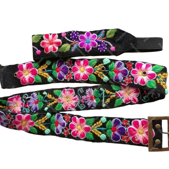 Multicolored Flower Wool Fabric Headband Belt Set Ayacucho
